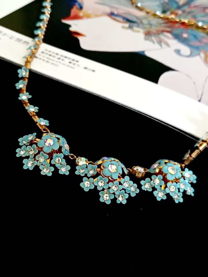 vintage jewelry 古董黃銅藍色琺瑯小雛菊項鍊