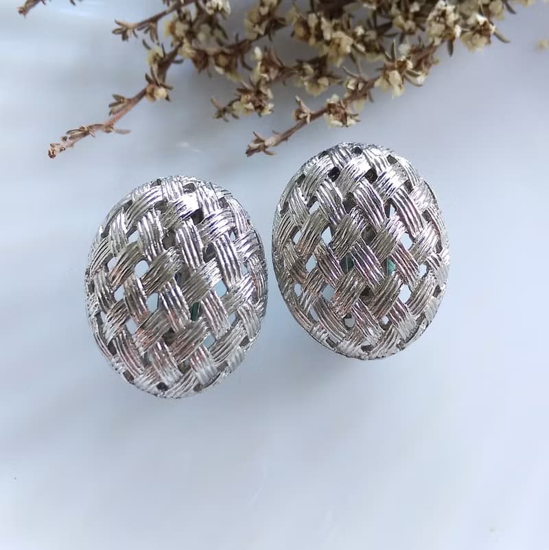 Vintage Jewelry 西洋古董飾品  銀色調 網格 夾式耳環