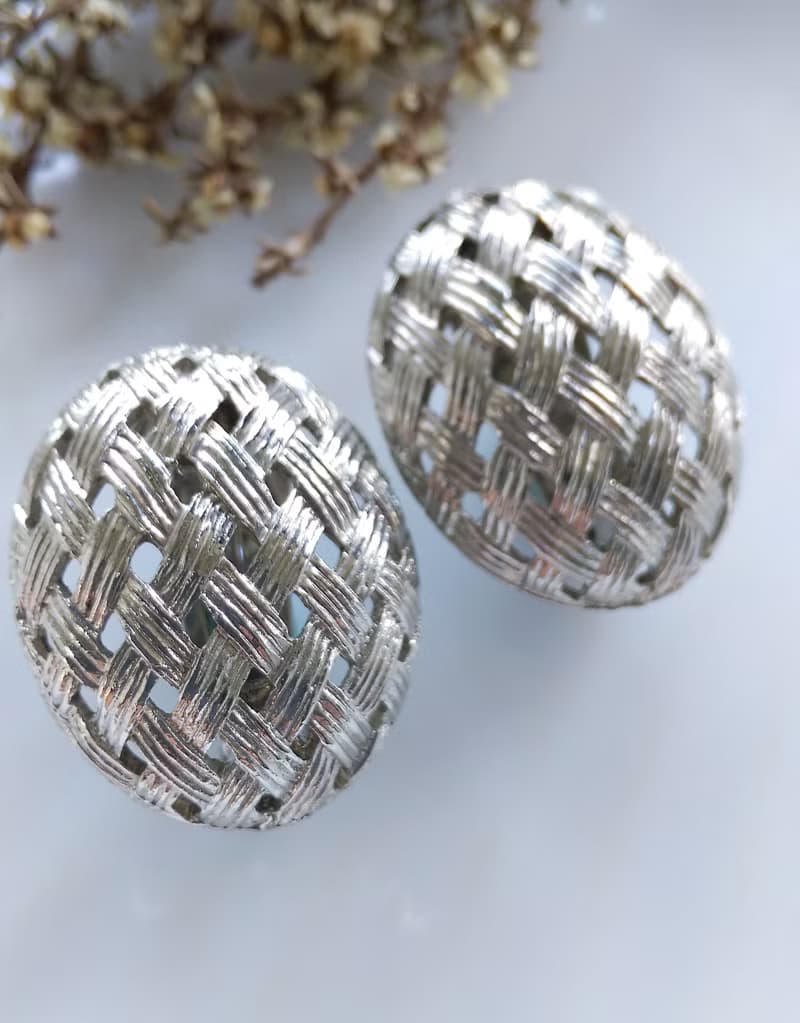 Vintage Jewelry 西洋古董飾品  銀色調 網格 夾式耳環