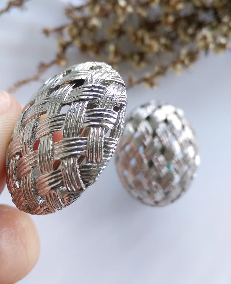 Vintage Jewelry 西洋古董飾品  銀色調 網格 夾式耳環