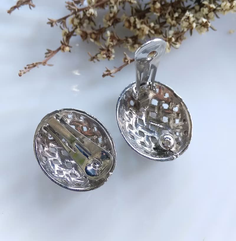 Vintage Jewelry 西洋古董飾品  銀色調 網格 夾式耳環