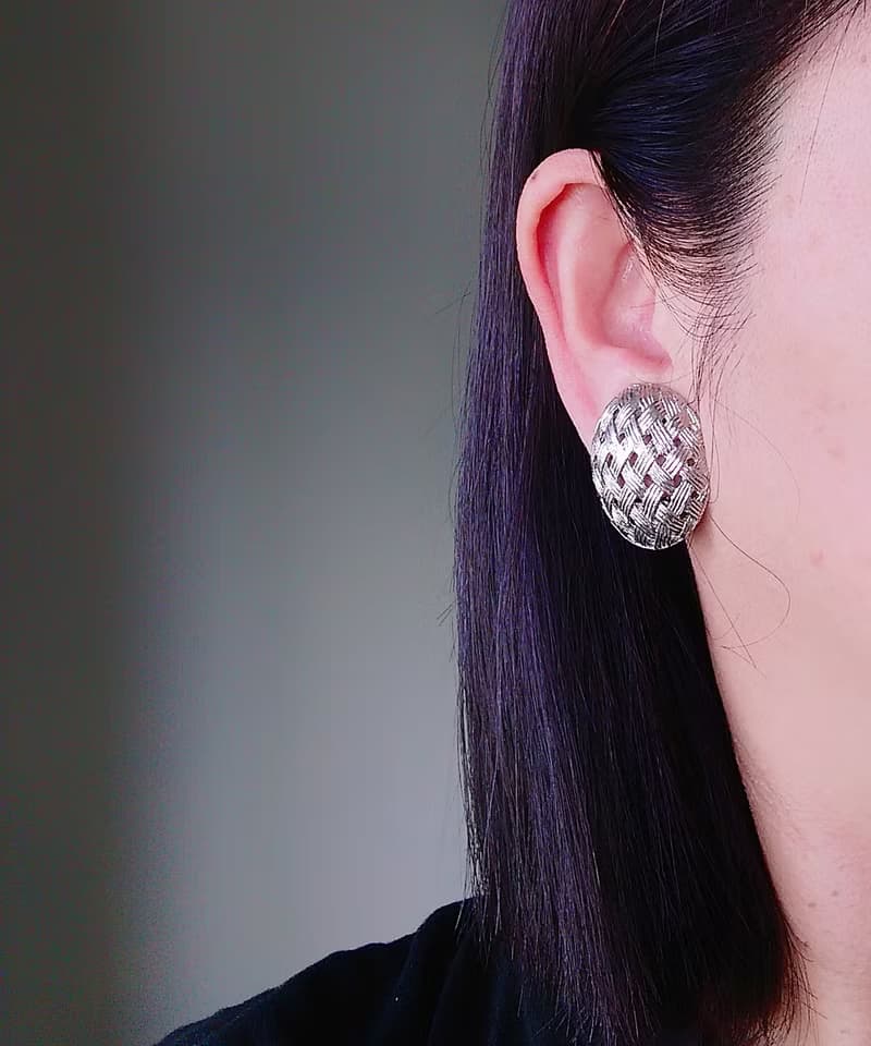 Vintage Jewelry 西洋古董飾品  銀色調 網格 夾式耳環