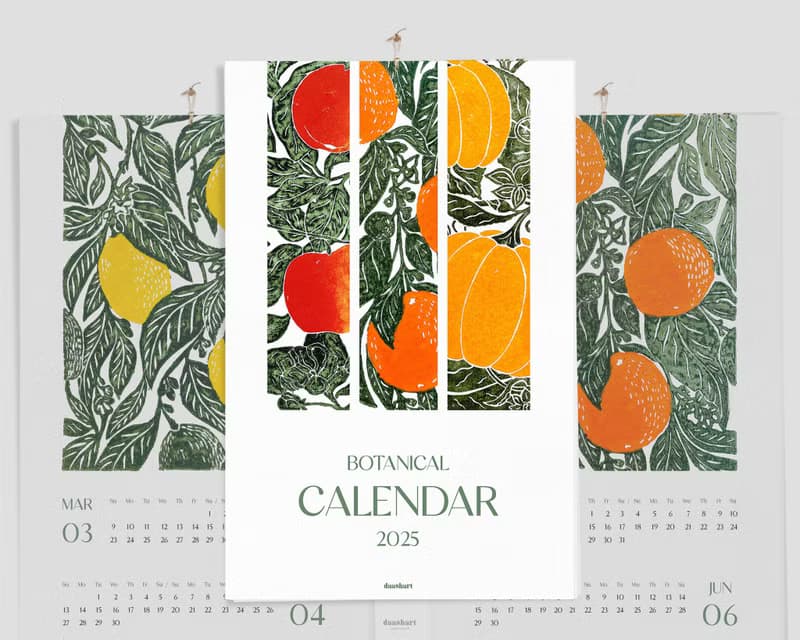 【數位】Bright Botanical Printable Wall Calendar 2025 Floral Fruits Vegetables Linocut