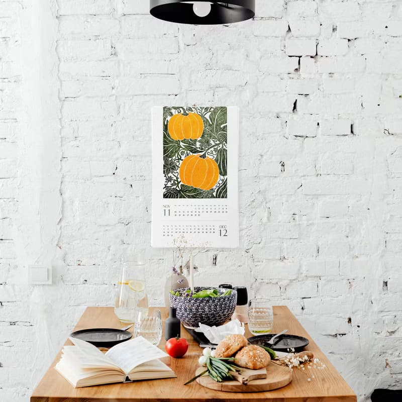 【數位】Bright Botanical Printable Wall Calendar 2025 Floral Fruits Vegetables Linocut