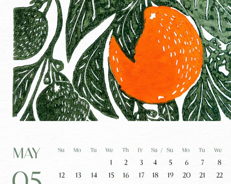 【數位】Bright Botanical Printable Wall Calendar 2025 Floral Fruits Vegetables Linocut