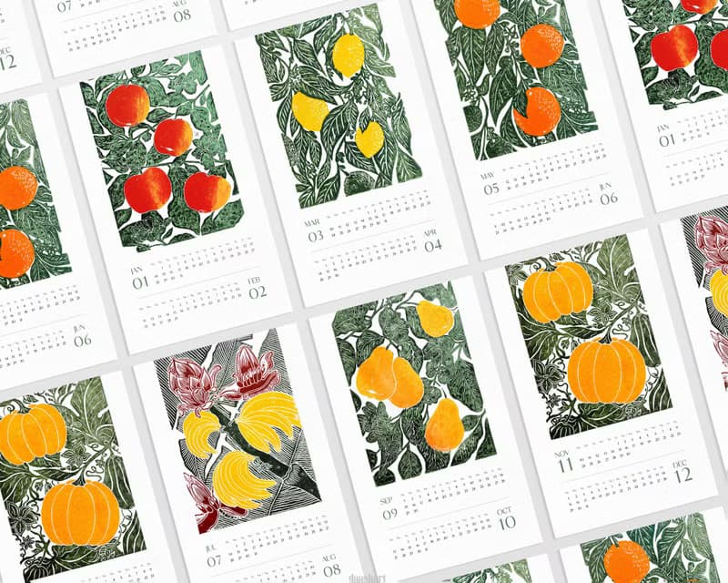 【數位】Bright Botanical Printable Wall Calendar 2025 Floral Fruits Vegetables Linocut