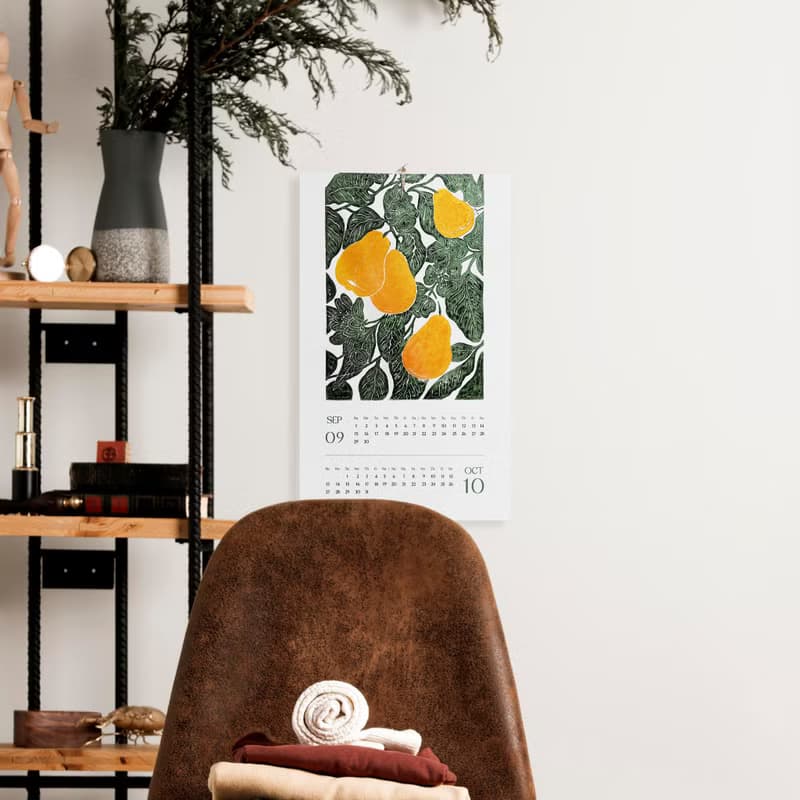 【數位】Bright Botanical Printable Wall Calendar 2025 Floral Fruits Vegetables Linocut