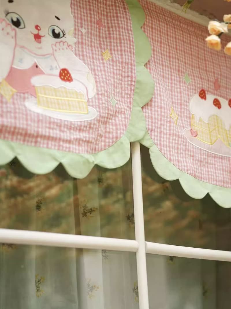 貓咪蛋糕 80s復古昭和 短門簾 刺繡布藝