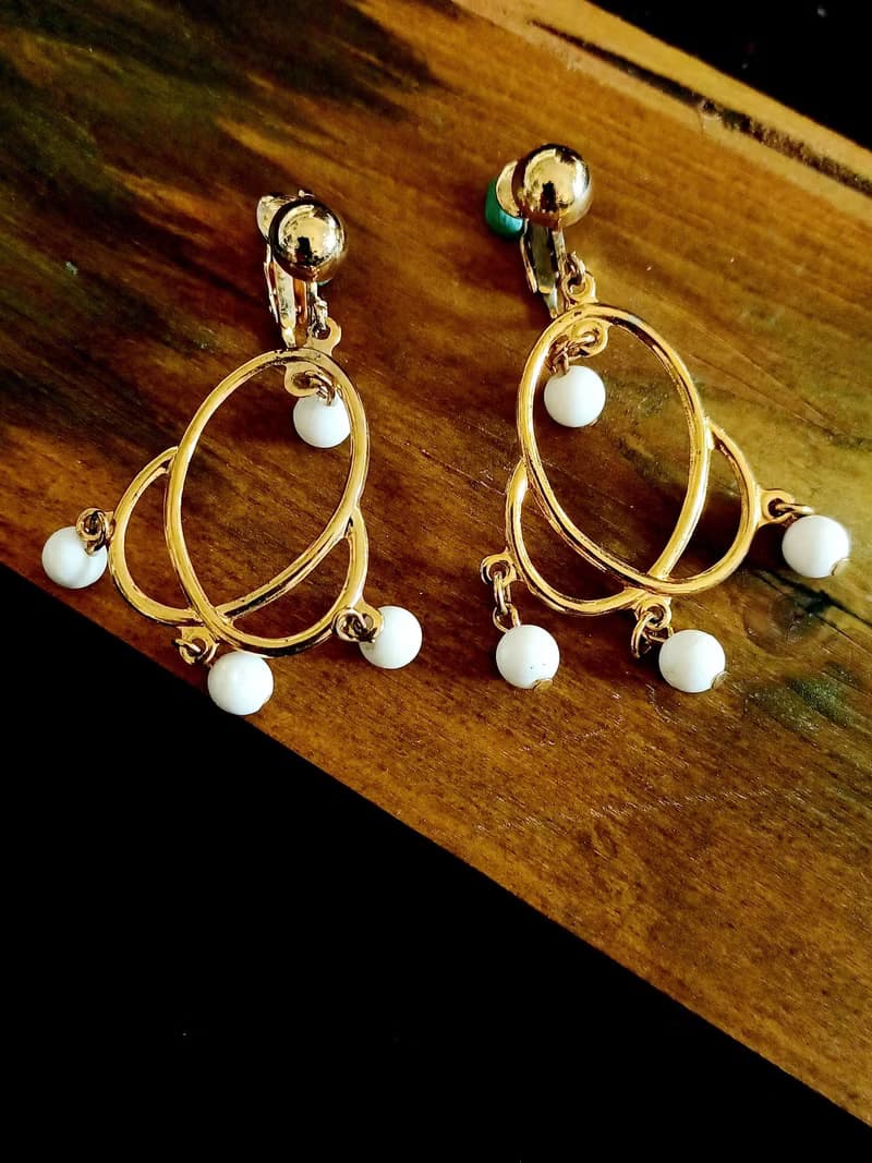vintage jewelry 俏麗佳人幾何垂墜 夾式耳環