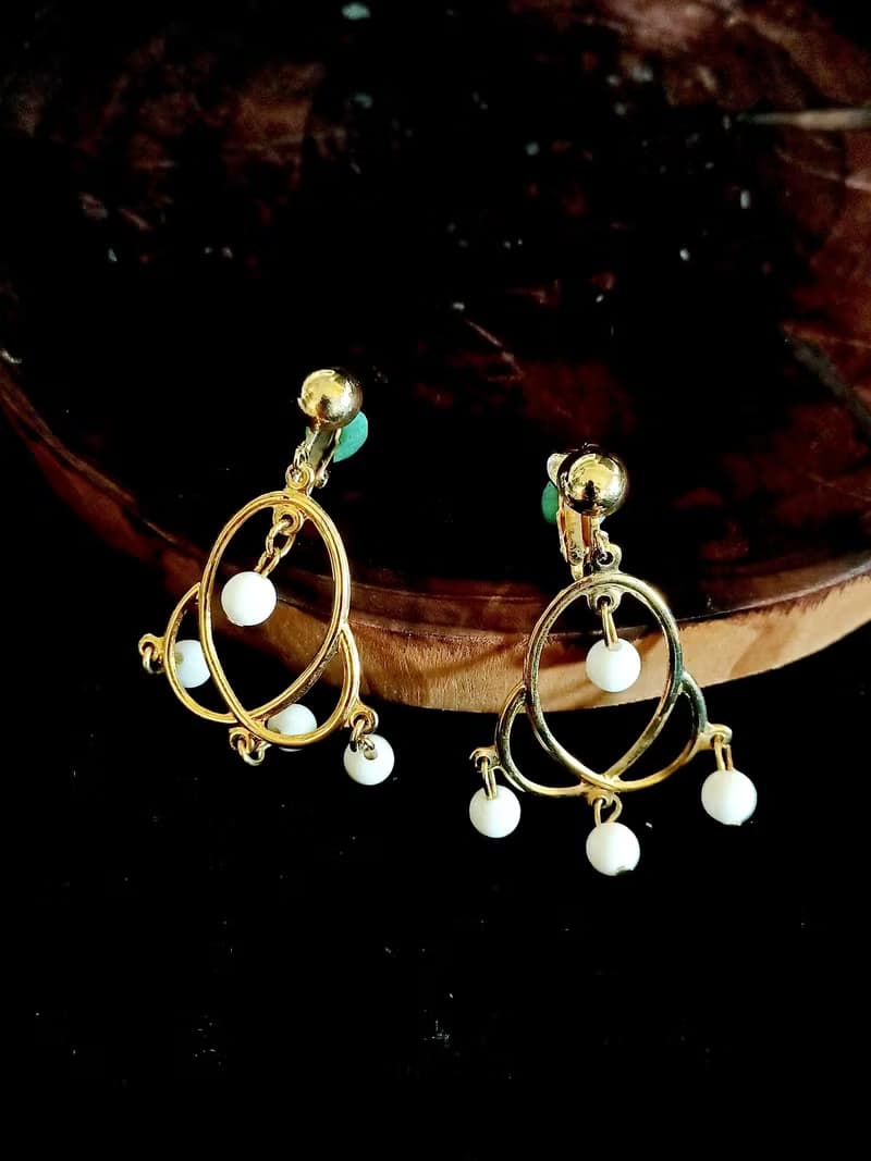 vintage jewelry 俏麗佳人幾何垂墜 夾式耳環