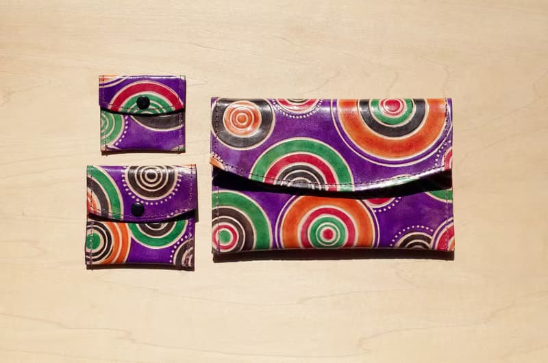 聖誕節 限量一件手工山羊皮夾 / 手繪風格皮革錢包 / 長皮夾 - 圓形長盤普普風 ( 紫色 )