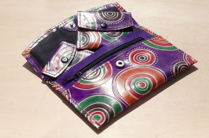 聖誕節 限量一件手工山羊皮夾 / 手繪風格皮革錢包 / 長皮夾 - 圓形長盤普普風 ( 紫色 )