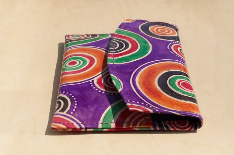 聖誕節 限量一件手工山羊皮夾 / 手繪風格皮革錢包 / 長皮夾 - 圓形長盤普普風 ( 紫色 )