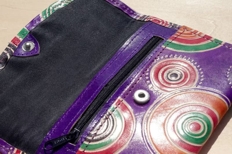 聖誕節 限量一件手工山羊皮夾 / 手繪風格皮革錢包 / 長皮夾 - 圓形長盤普普風 ( 紫色 )