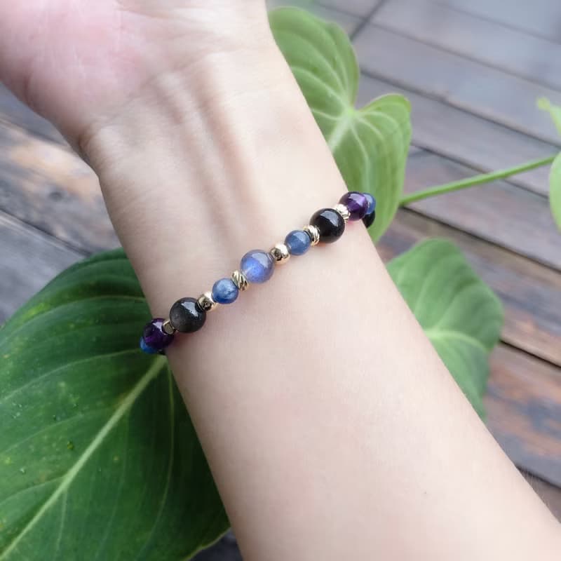 銀曜石、藍晶石、拉長石、紫水晶 天然石手鍊