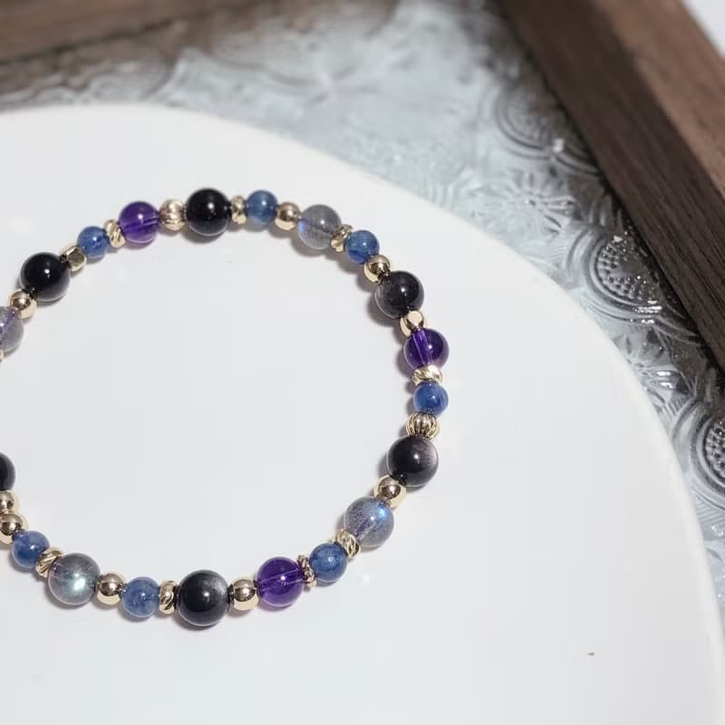 銀曜石、藍晶石、拉長石、紫水晶 天然石手鍊