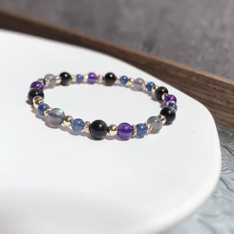 銀曜石、藍晶石、拉長石、紫水晶 天然石手鍊