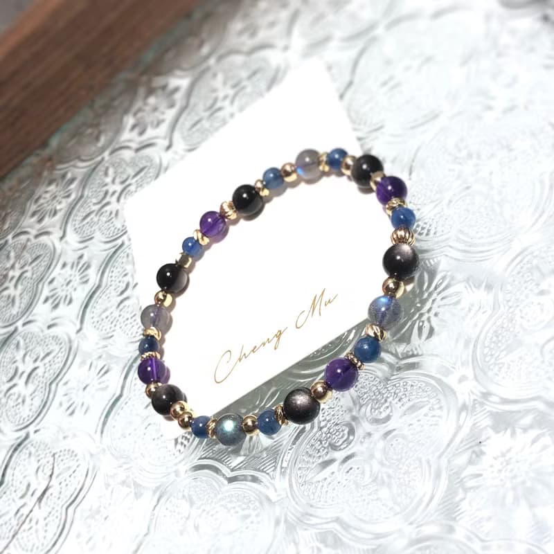 銀曜石、藍晶石、拉長石、紫水晶 天然石手鍊