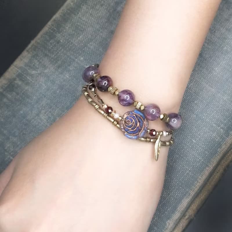 VIIART。少女革命-紫。古董珠石榴石古著金黃銅手鍊| 限量發售
