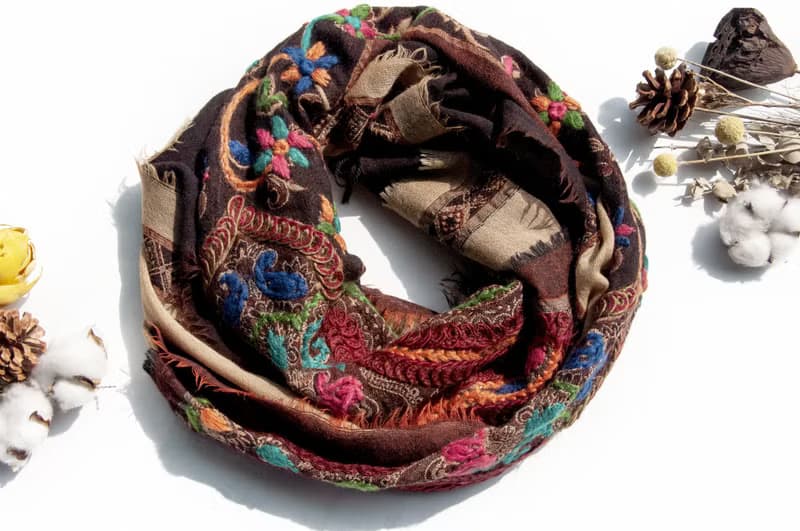 喀什米爾Cashmere/水煮羊毛披肩/針織圍巾/刺繡圍巾/羊絨披巾-花