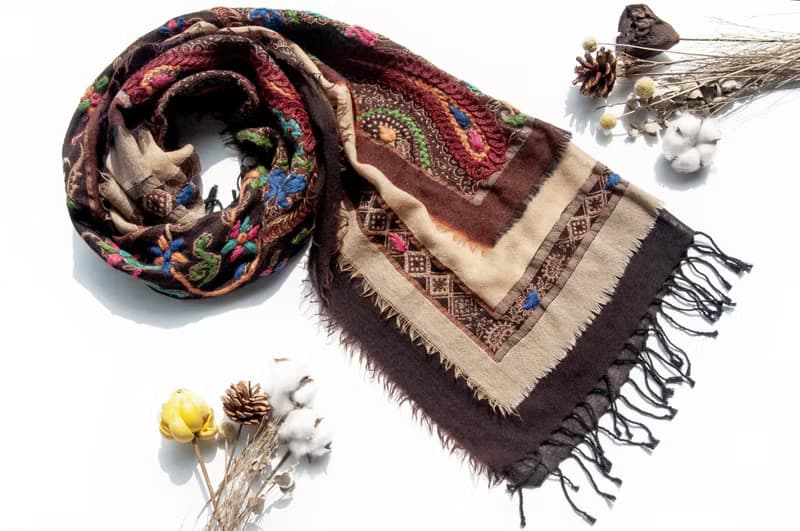 喀什米爾Cashmere/水煮羊毛披肩/針織圍巾/刺繡圍巾/羊絨披巾-花