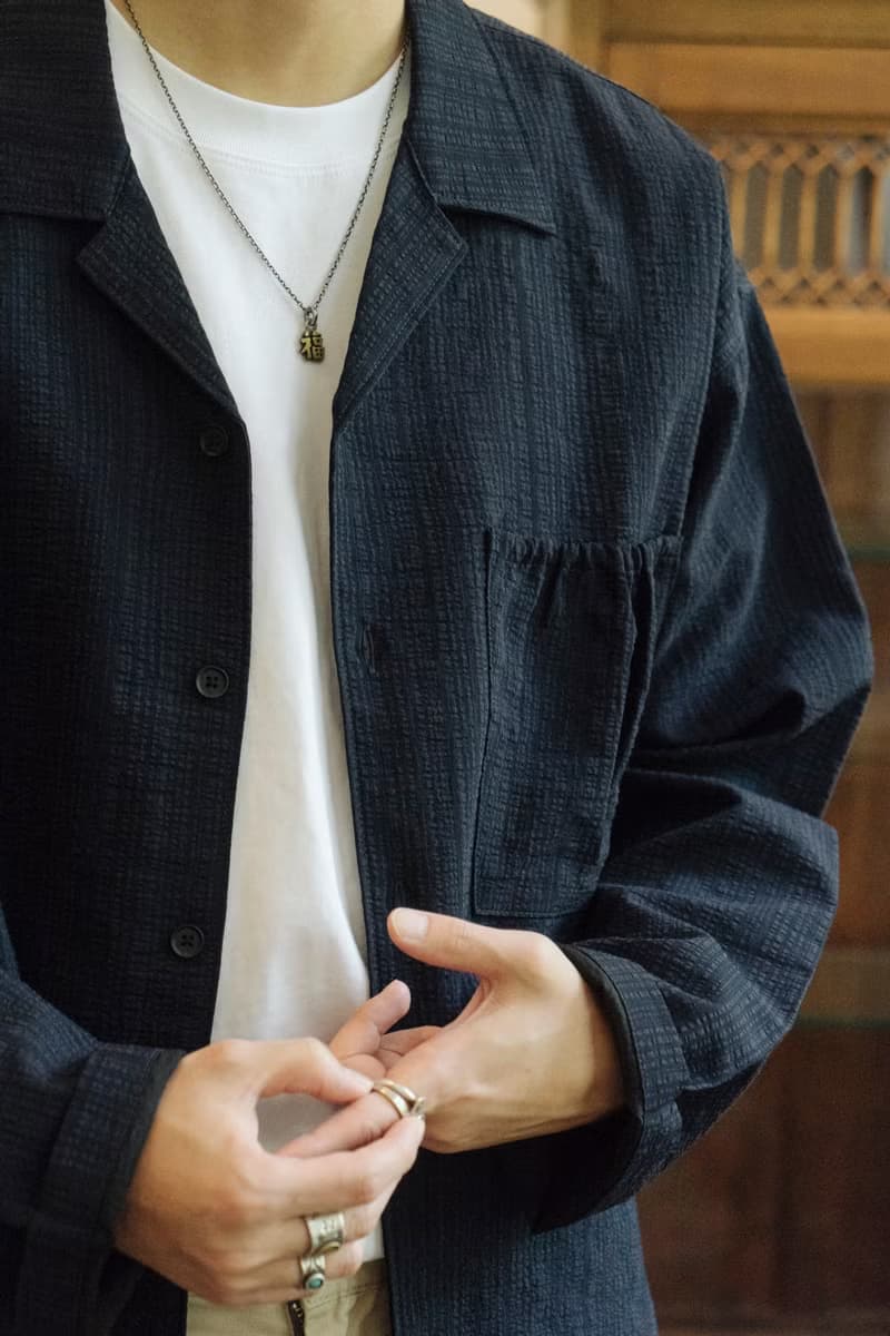OUTER 日系潮流質感紋理口袋寬鬆外套 古巴領長袖Cityboy藏青男生