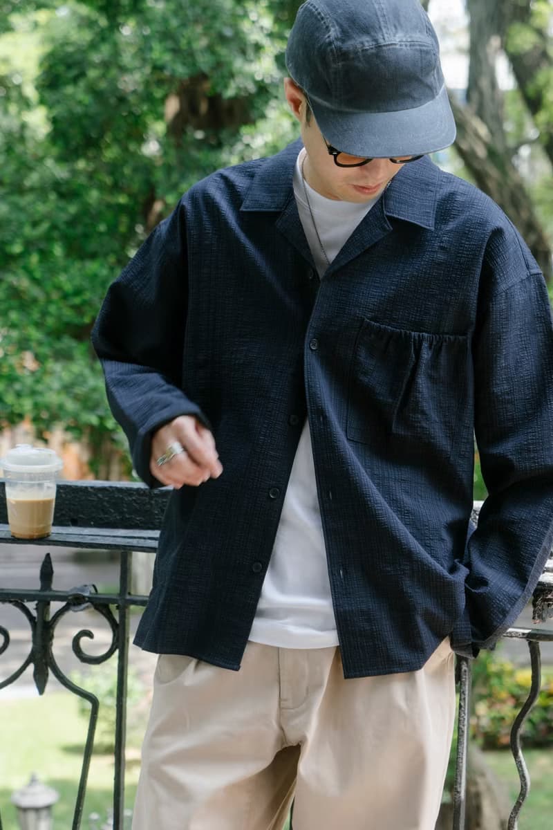 OUTER 日系潮流質感紋理口袋寬鬆外套 古巴領長袖Cityboy藏青男生