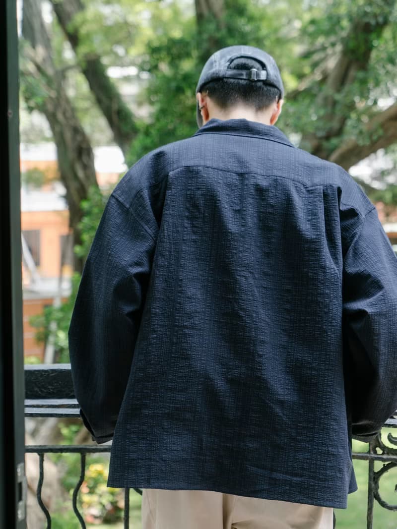 OUTER 日系潮流質感紋理口袋寬鬆外套 古巴領長袖Cityboy藏青男生