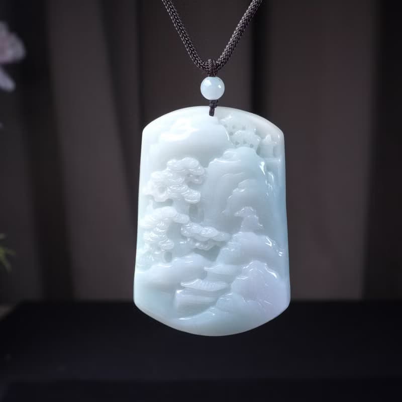 飄綠翡翠精雕山水牌項鍊 | 天然緬甸玉翡翠A貨 | 送禮