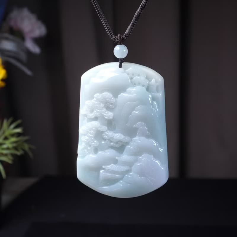 飄綠翡翠精雕山水牌項鍊 | 天然緬甸玉翡翠A貨 | 送禮