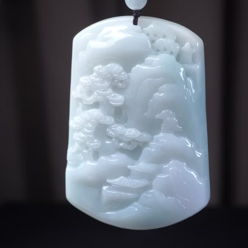 飄綠翡翠精雕山水牌項鍊 | 天然緬甸玉翡翠A貨 | 送禮