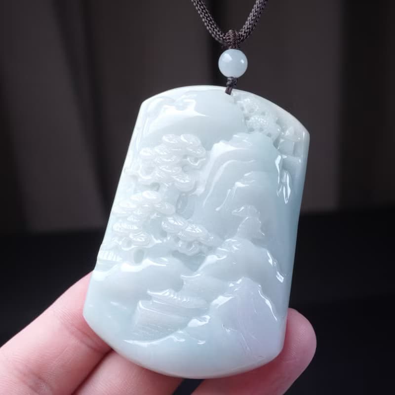 飄綠翡翠精雕山水牌項鍊 | 天然緬甸玉翡翠A貨 | 送禮
