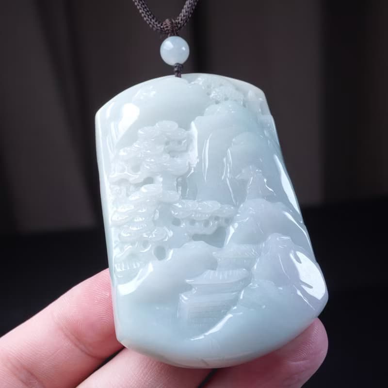 飄綠翡翠精雕山水牌項鍊 | 天然緬甸玉翡翠A貨 | 送禮