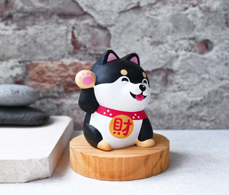 狗來富 招財柴犬公仔擺飾  黑柴犬 寵物雕刻療癒小木雕