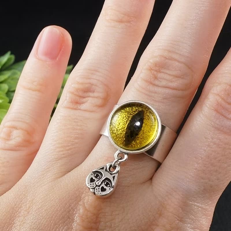 Yellow Glass Cat Eye Evil Eye Silver Adjustable Protection Charm Ring Jewelry