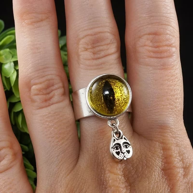 Yellow Glass Cat Eye Evil Eye Silver Adjustable Protection Charm Ring Jewelry