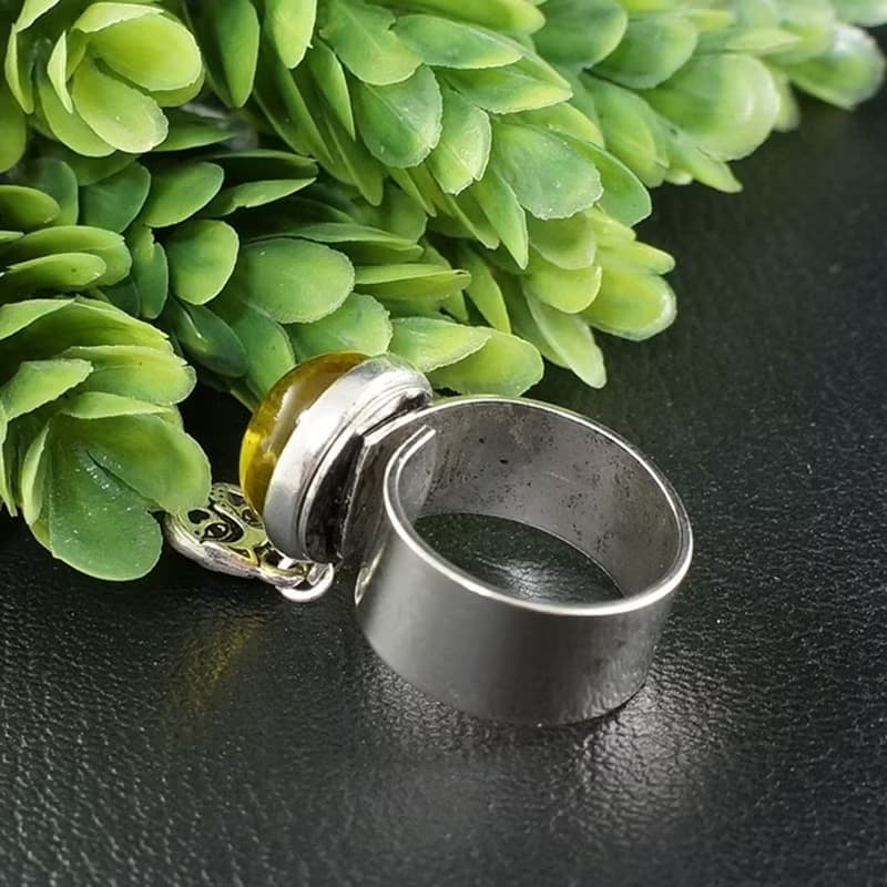Yellow Glass Cat Eye Evil Eye Silver Adjustable Protection Charm Ring Jewelry