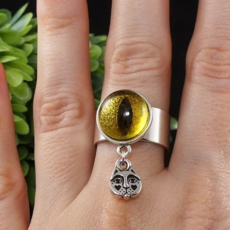 Yellow Glass Cat Eye Evil Eye Silver Adjustable Protection Charm Ring Jewelry