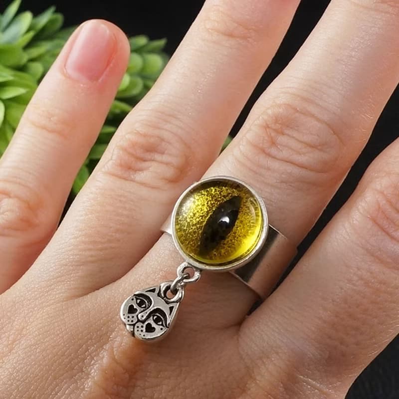 Yellow Glass Cat Eye Evil Eye Silver Adjustable Protection Charm Ring Jewelry