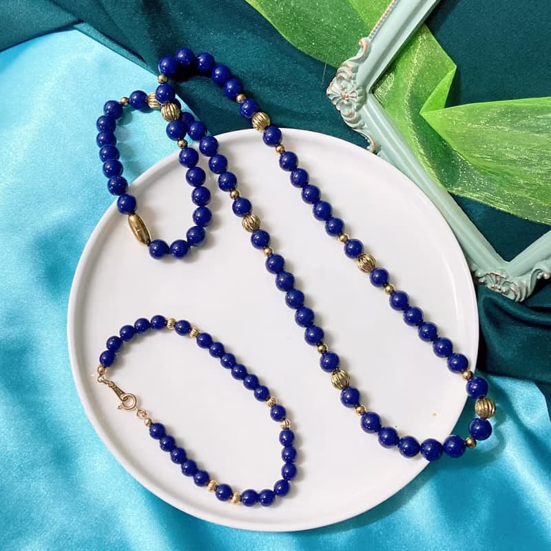 【西洋古董飾品】Avon深藍金沙珠套組 金波蘿珠 項鍊 手鍊 手環