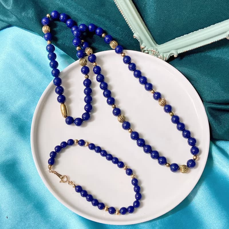 【西洋古董飾品】Avon深藍金沙珠套組 金波蘿珠 項鍊 手鍊 手環