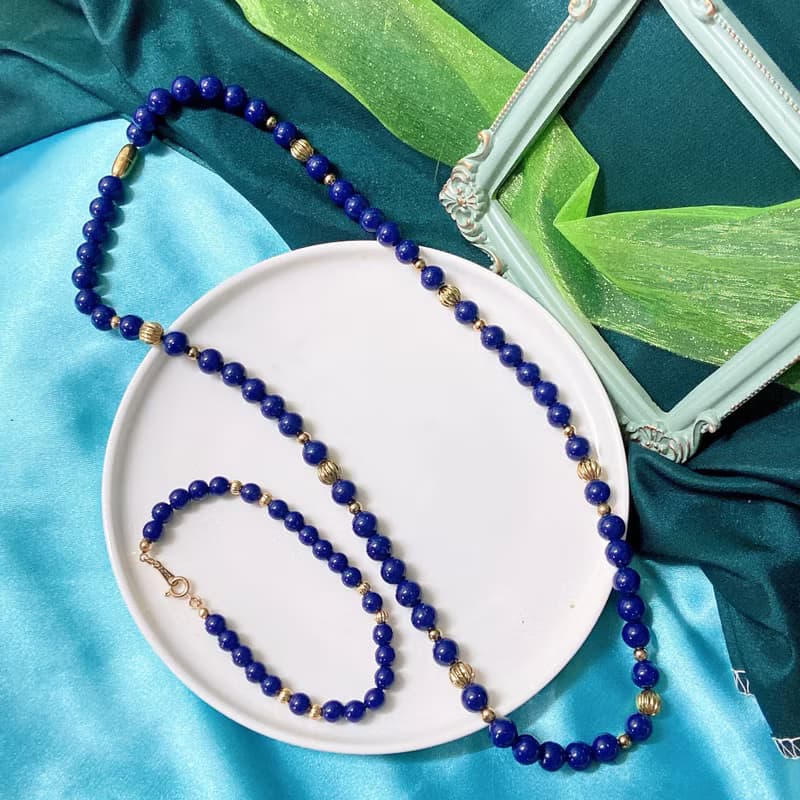 【西洋古董飾品】Avon深藍金沙珠套組 金波蘿珠 項鍊 手鍊 手環