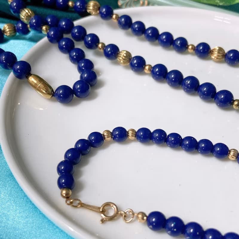 【西洋古董飾品】Avon深藍金沙珠套組 金波蘿珠 項鍊 手鍊 手環