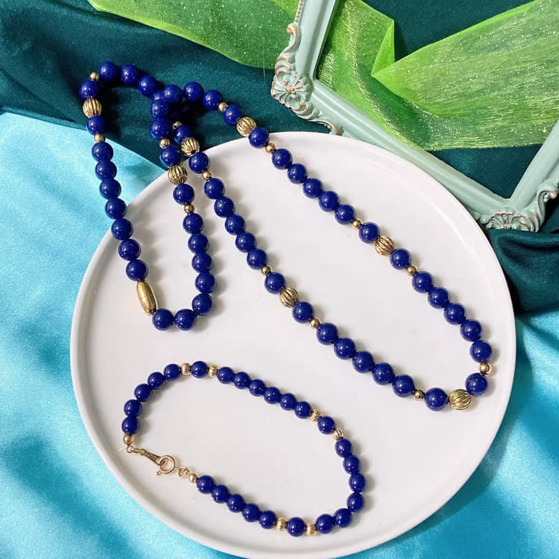 【西洋古董飾品】Avon深藍金沙珠套組 金波蘿珠 項鍊 手鍊 手環