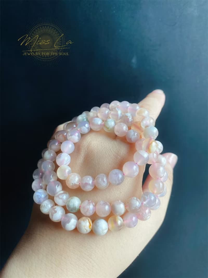 孤品 永恒的花 櫻花瑪瑙 多圈 果凍 水中花 手鍊 天然石 禮物