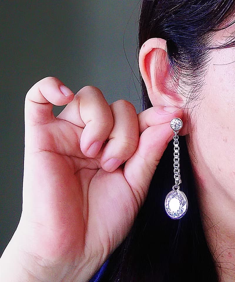 Vintage Jewelry 西洋古董飾品 銀色調 盒子鍊 飛碟圓鑽 針式耳環