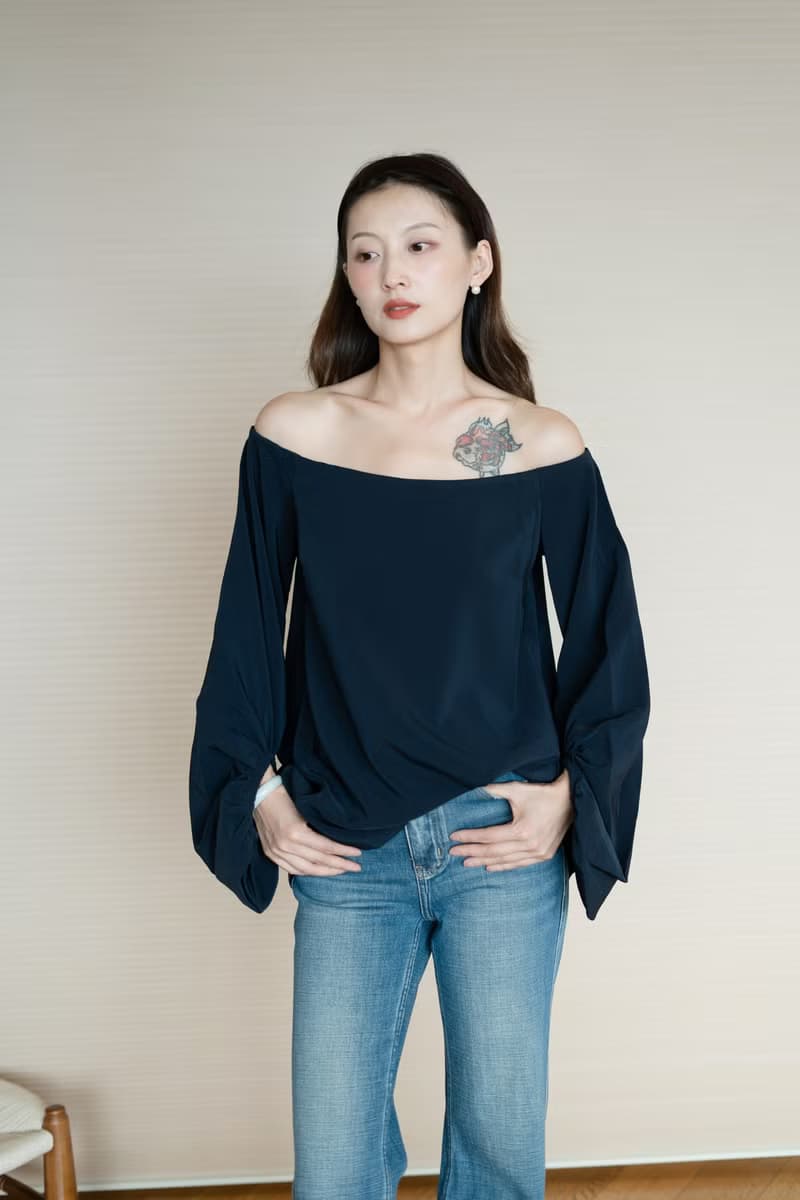 時髦簡約別致露肩襯衣女一字肩領上衣雪紡小衫