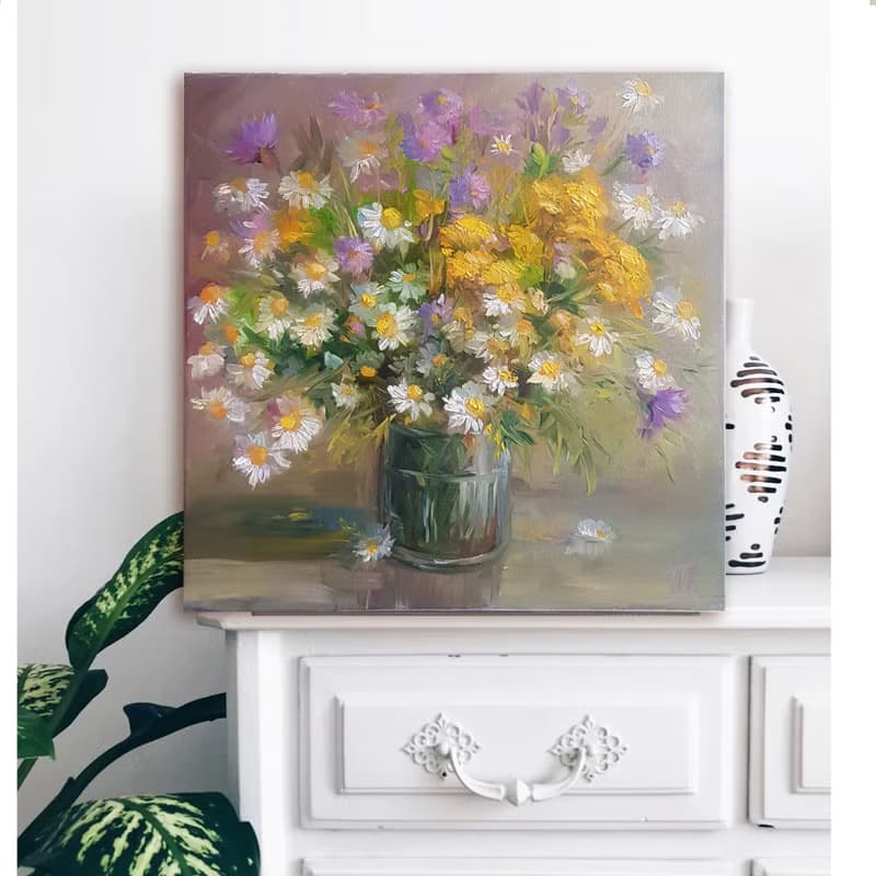 Daisy Oil Painting Original Art bouquet flowers oil Painting on canvas  手工油畫  油畫