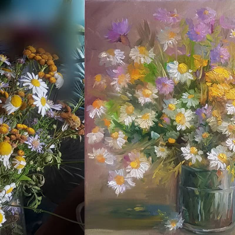 Daisy Oil Painting Original Art bouquet flowers oil Painting on canvas  手工油畫  油畫