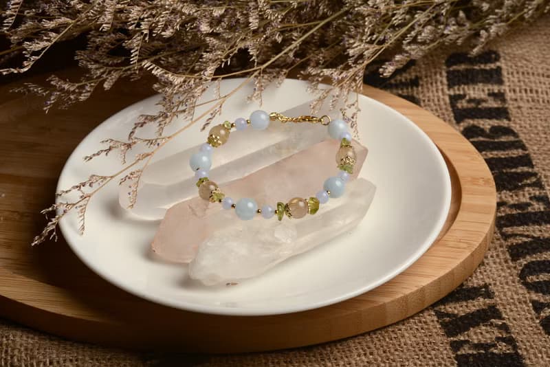 【神山晶礦】海藍寶橄欖鈦晶藍紋瑪瑙手鍊/海藍寶/橄欖石/鈦晶